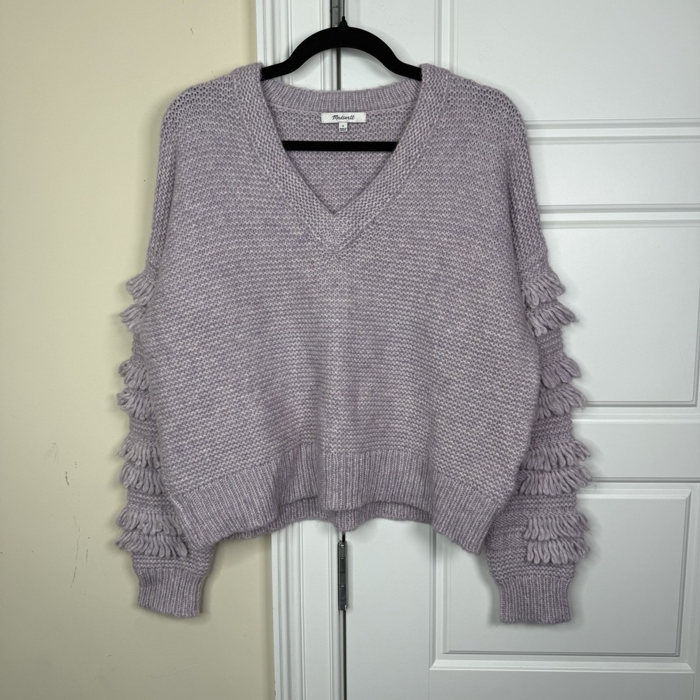 Madewell Fringe Sleeve V-Neck Sweater Women's Small Purple Cropped Boho K5773
